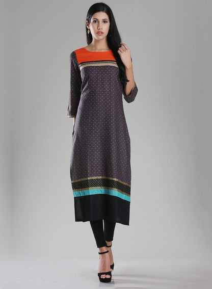 Grey Boat Neck Printed kurta - wforwoman