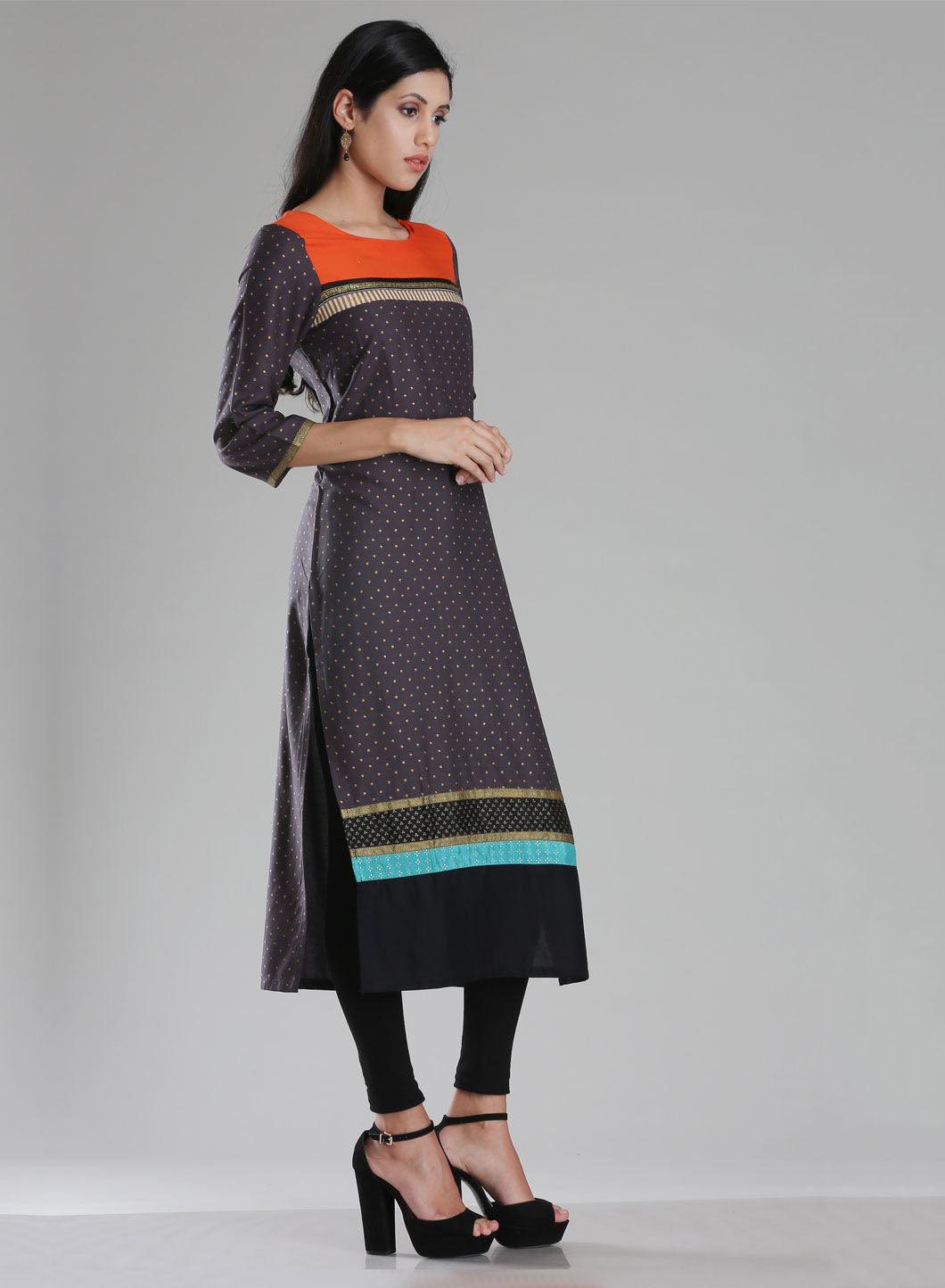 Grey Boat Neck Printed kurta - wforwoman