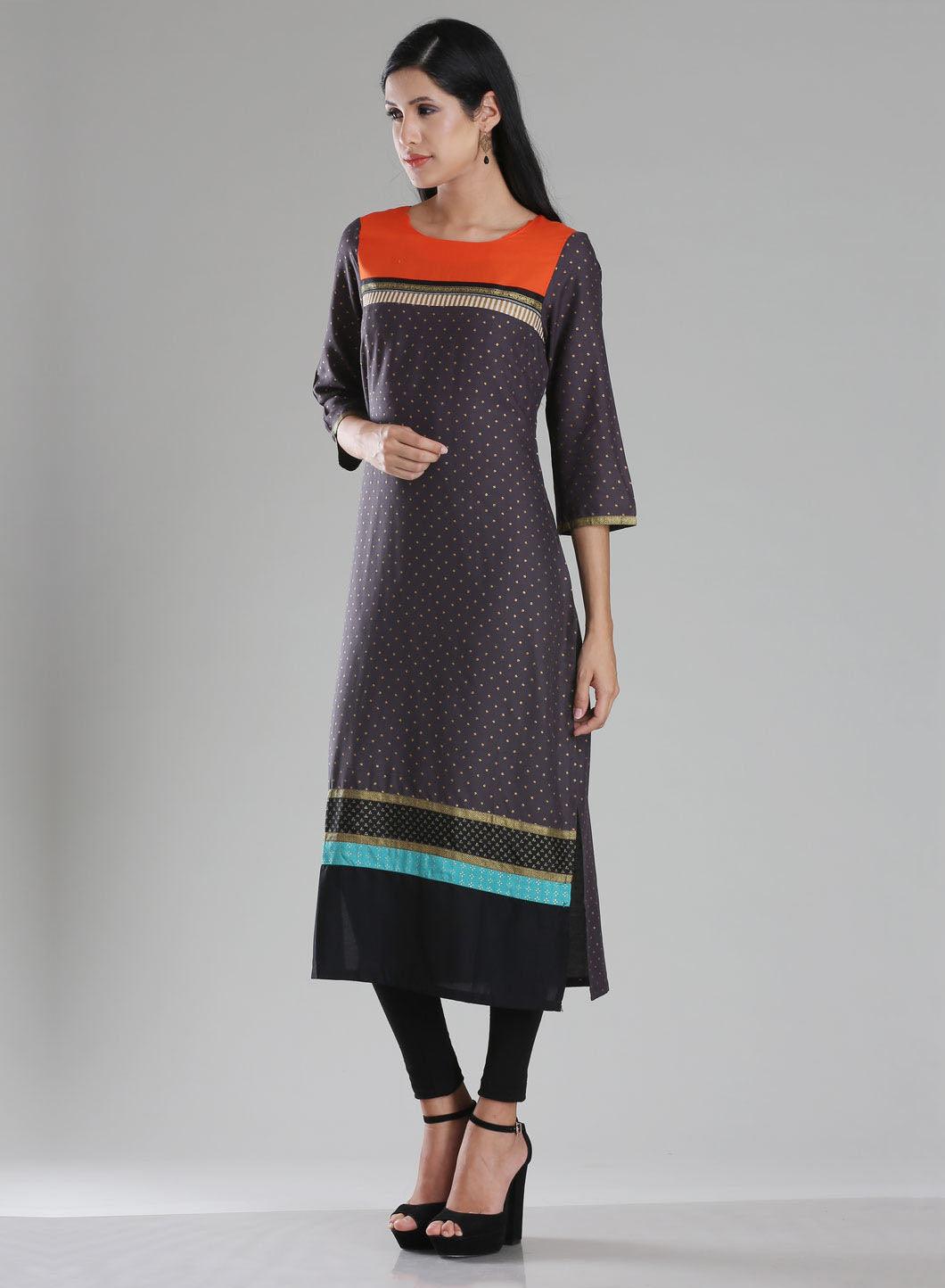 Grey Boat Neck Printed kurta - wforwoman