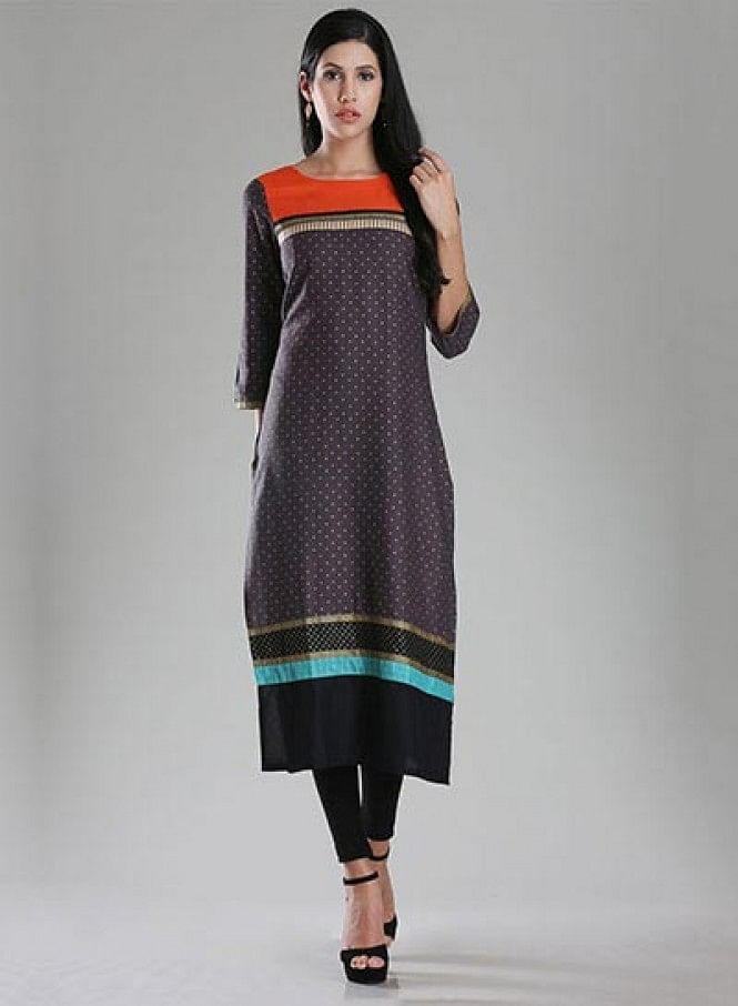 Grey Boat Neck Printed kurta - wforwoman