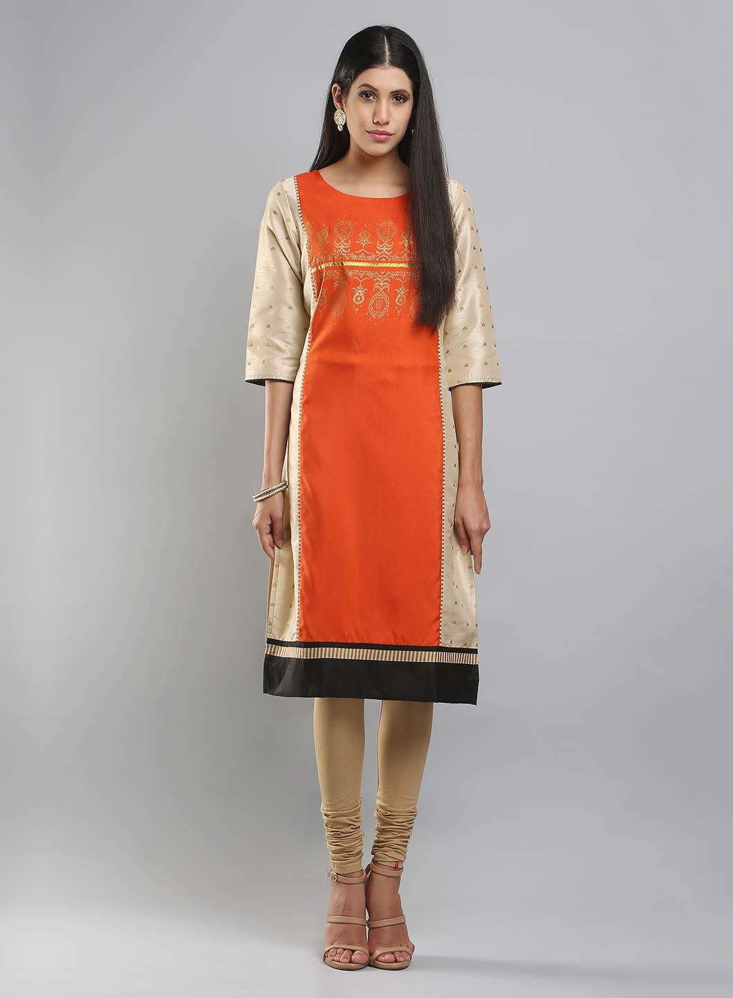 Cream-coloured &amp; Orange Colorblocked Printed kurta - wforwoman