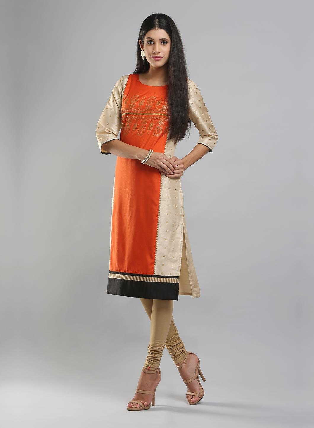 Cream-coloured &amp; Orange Colorblocked Printed kurta - wforwoman