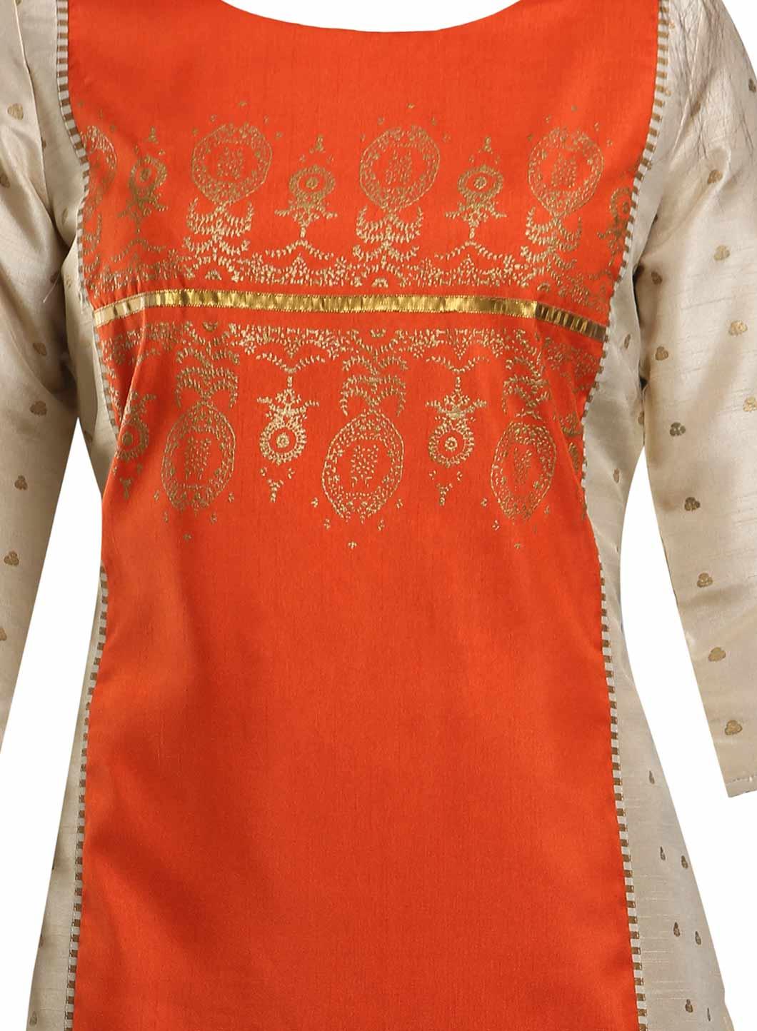 Cream-coloured &amp; Orange Colorblocked Printed kurta - wforwoman