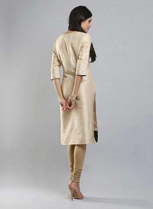 Cream-coloured &amp; Orange Colorblocked Printed kurta - wforwoman