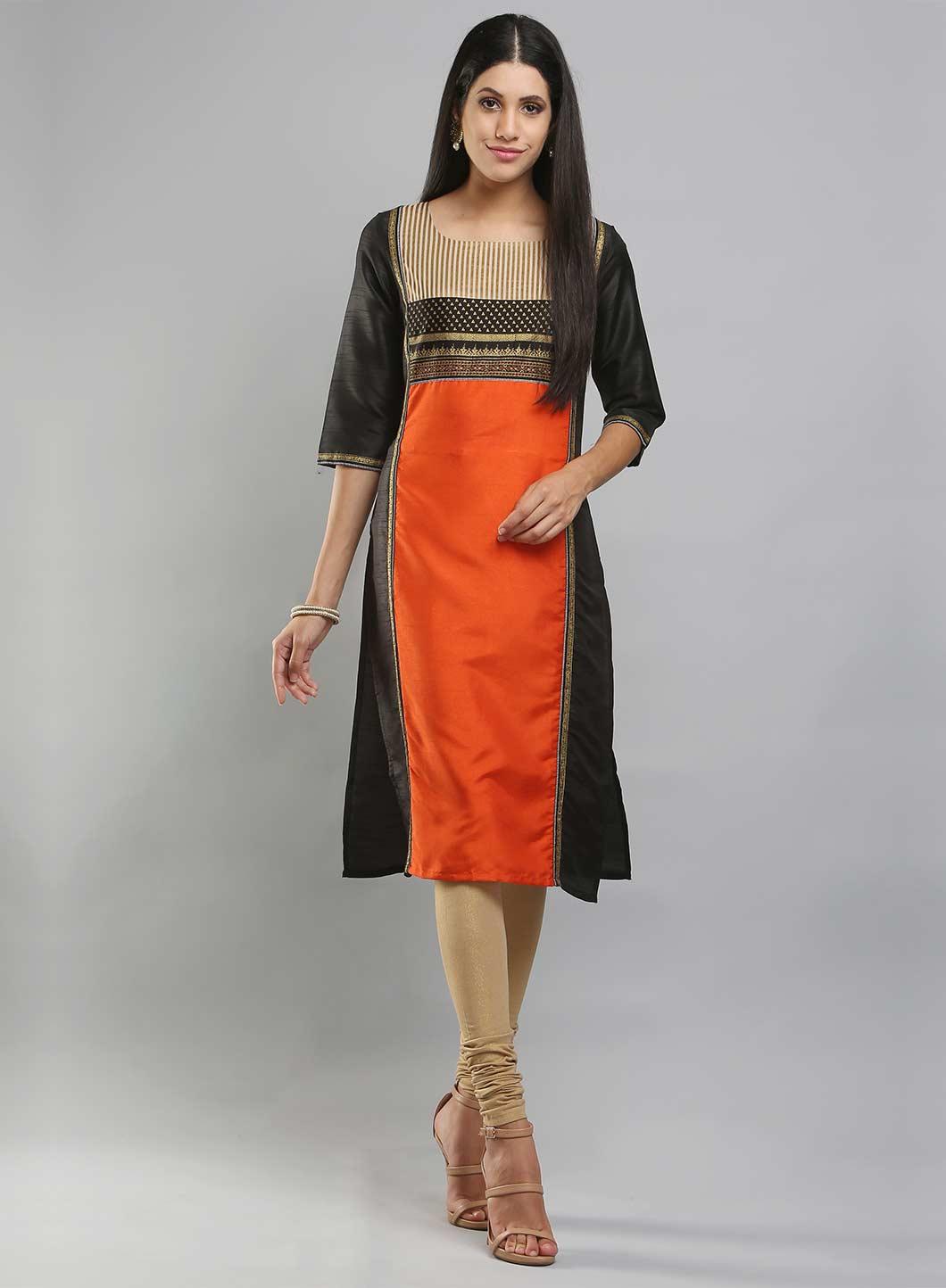 Black &amp; Orange Colorblocked Printed kurta - wforwoman