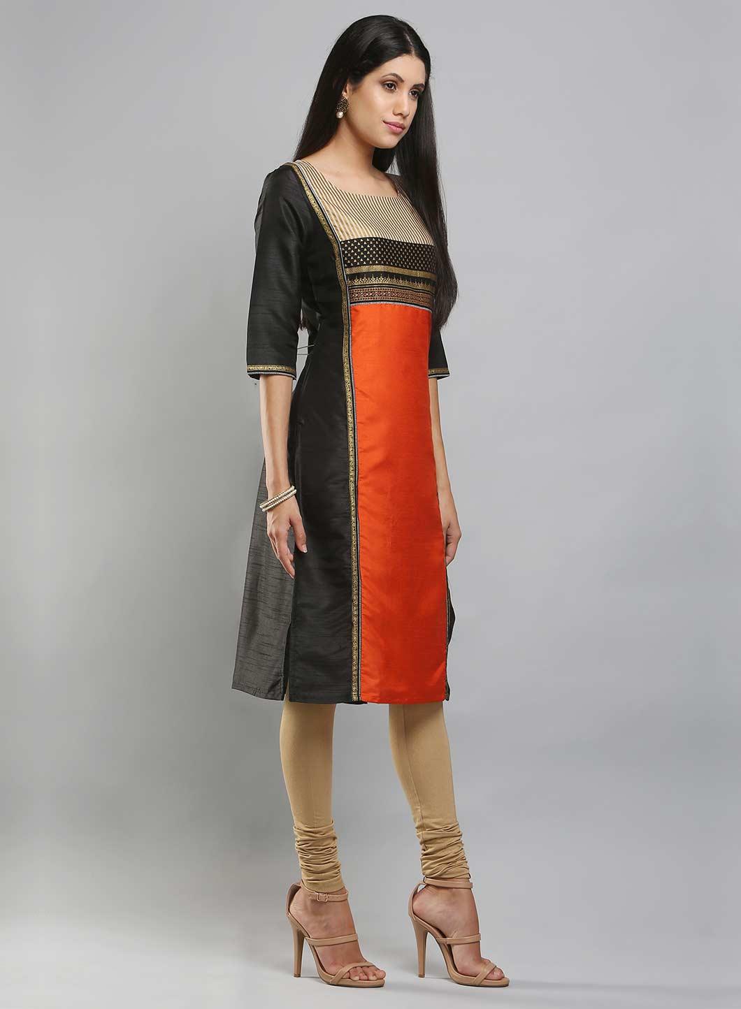 Black &amp; Orange Colorblocked Printed kurta - wforwoman