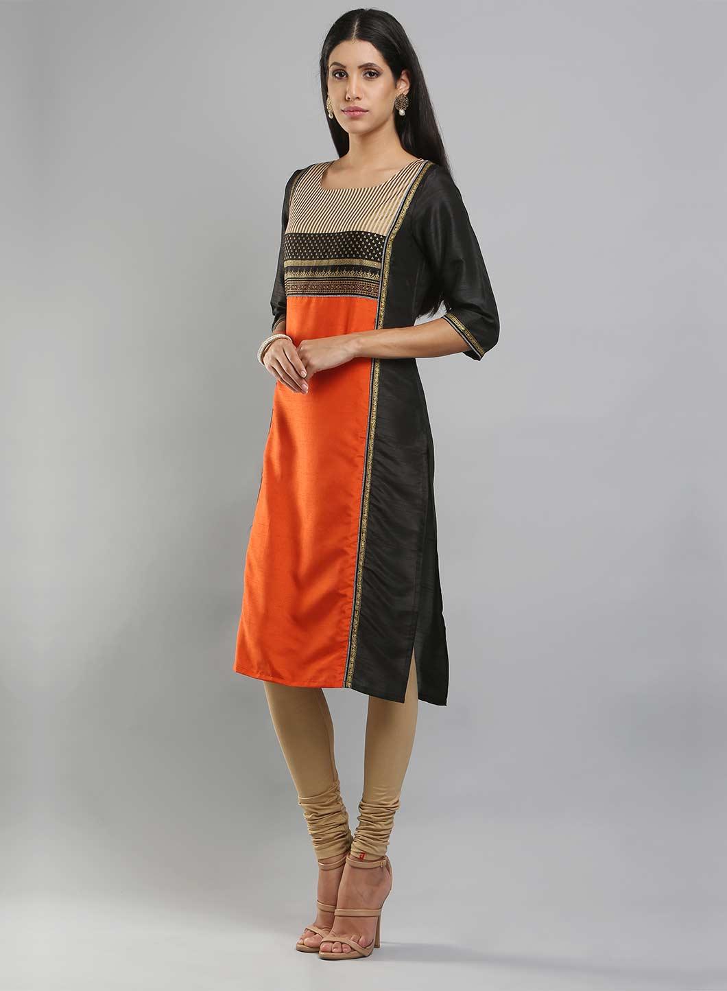 Black &amp; Orange Colorblocked Printed kurta - wforwoman