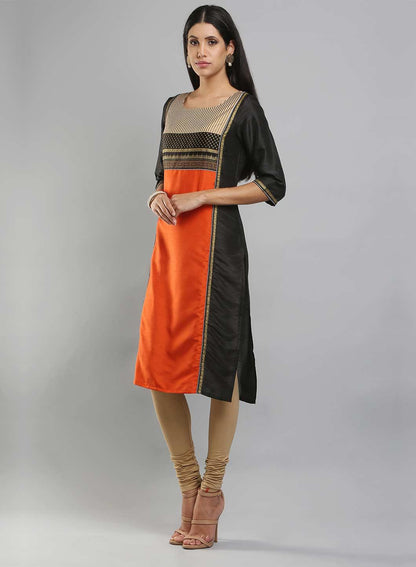 Black &amp; Orange Colorblocked Printed kurta - wforwoman