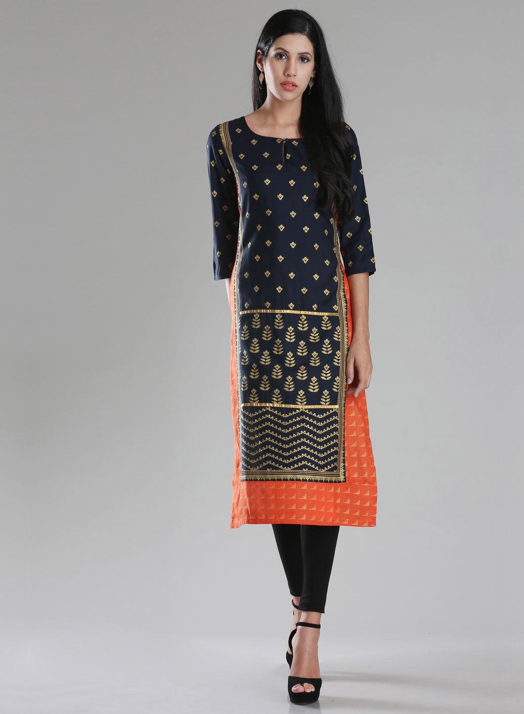 Navy &amp; Orange Printed 3/4 Sleeve kurta - wforwoman