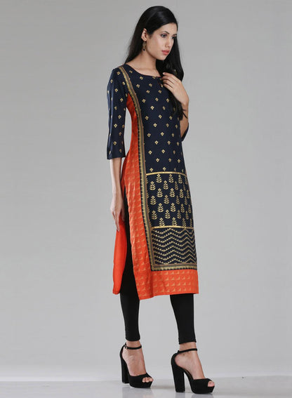 Navy &amp; Orange Printed 3/4 Sleeve kurta - wforwoman