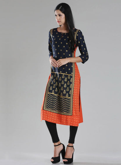 Navy &amp; Orange Printed 3/4 Sleeve kurta - wforwoman