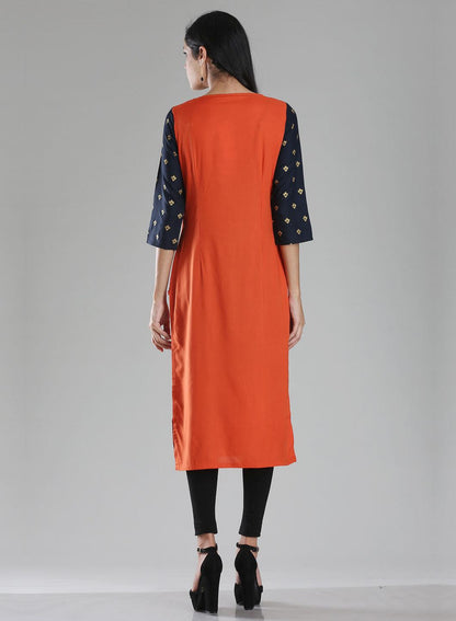 Navy &amp; Orange Printed 3/4 Sleeve kurta - wforwoman