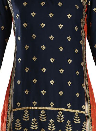 Navy &amp; Orange Printed 3/4 Sleeve kurta - wforwoman