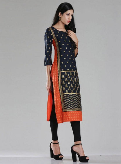 Navy &amp; Orange Printed 3/4 Sleeve kurta - wforwoman