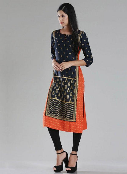 Navy &amp; Orange Printed 3/4 Sleeve kurta - wforwoman