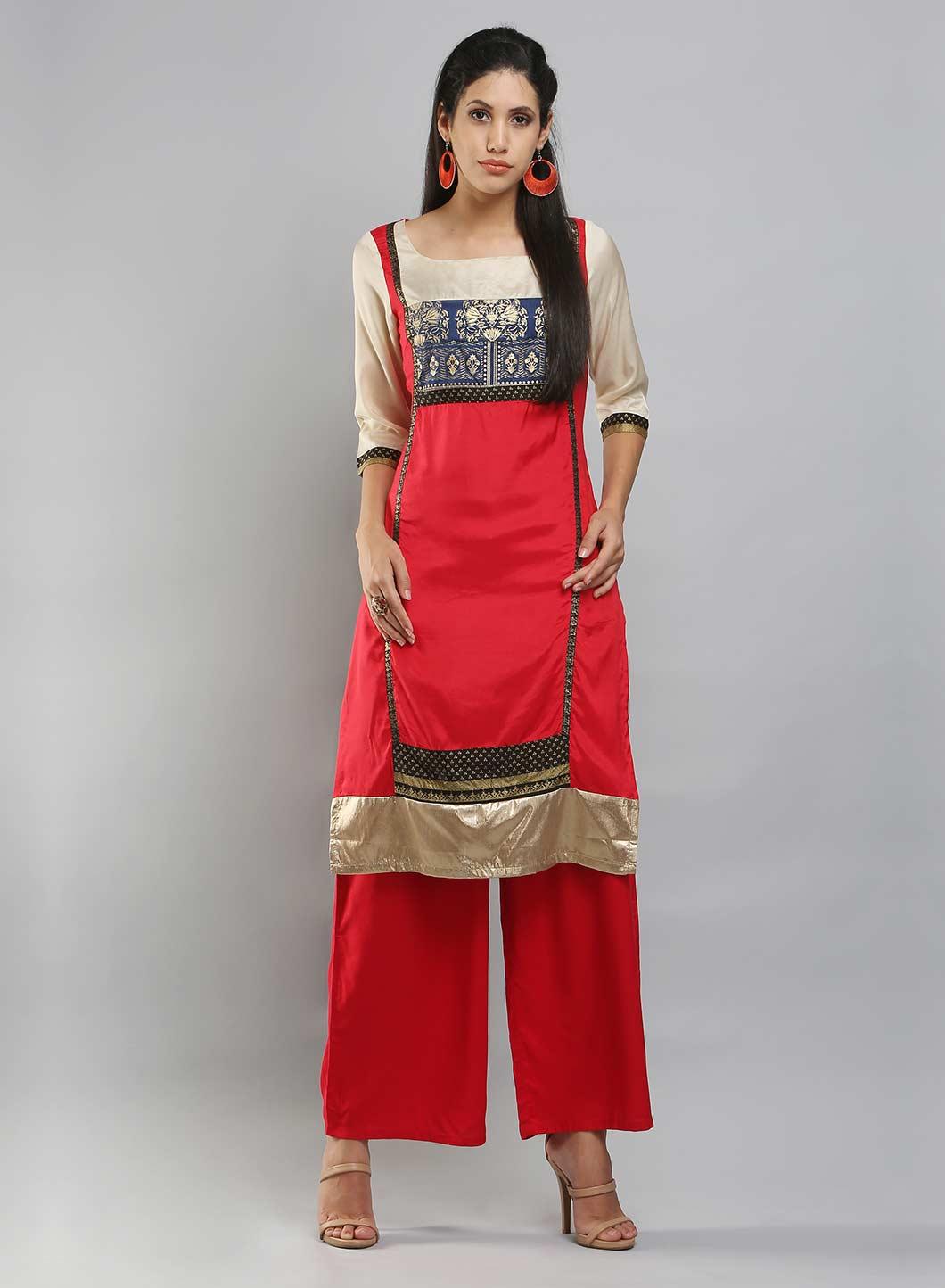 Red &amp; Cream-coloured Square Neck Printed kurta - wforwoman