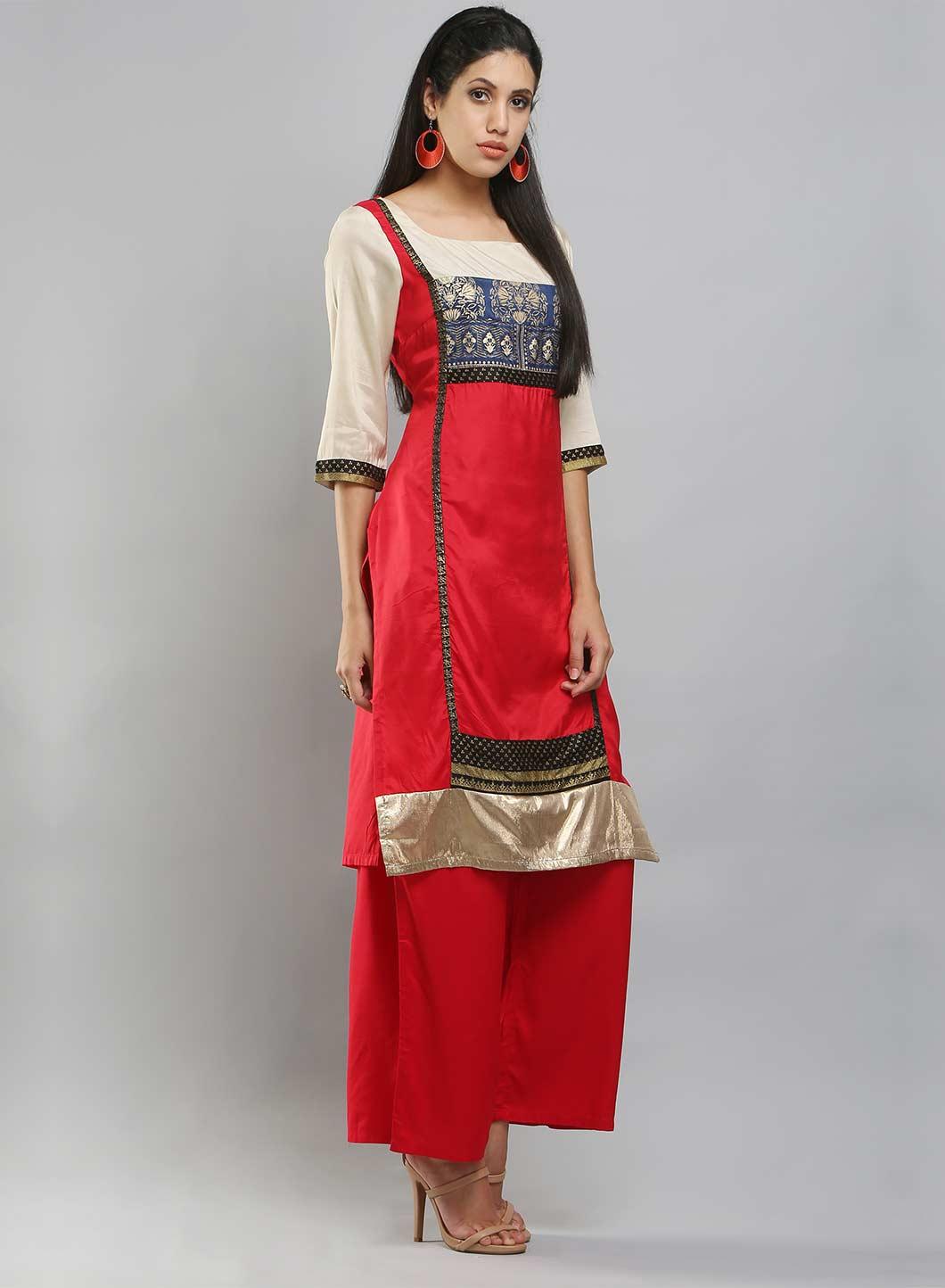 Red &amp; Cream-coloured Square Neck Printed kurta - wforwoman