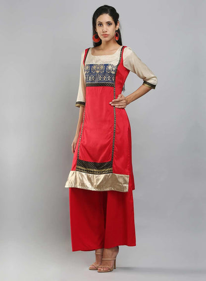 Red &amp; Cream-coloured Square Neck Printed kurta - wforwoman