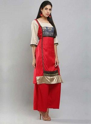 Red &amp; Cream-coloured Square Neck Printed kurta - wforwoman