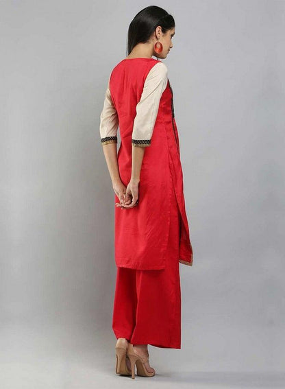 Red &amp; Cream-coloured Square Neck Printed kurta - wforwoman