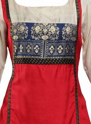 Red &amp; Cream-coloured Square Neck Printed kurta - wforwoman