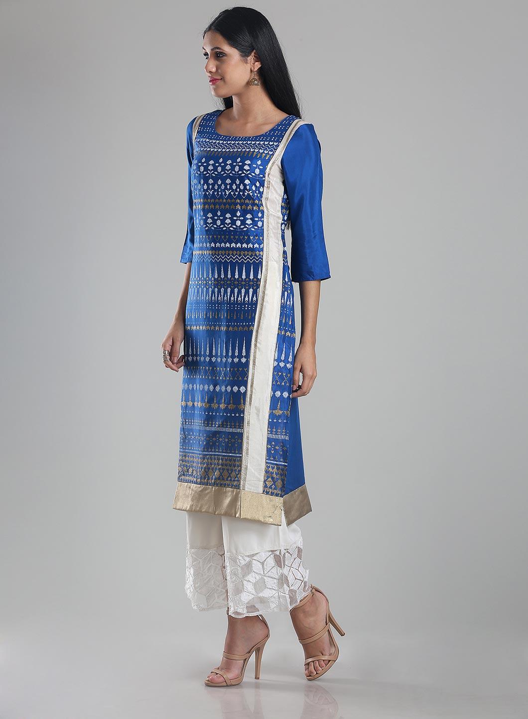 Blue Square Neck Printed kurta - wforwoman