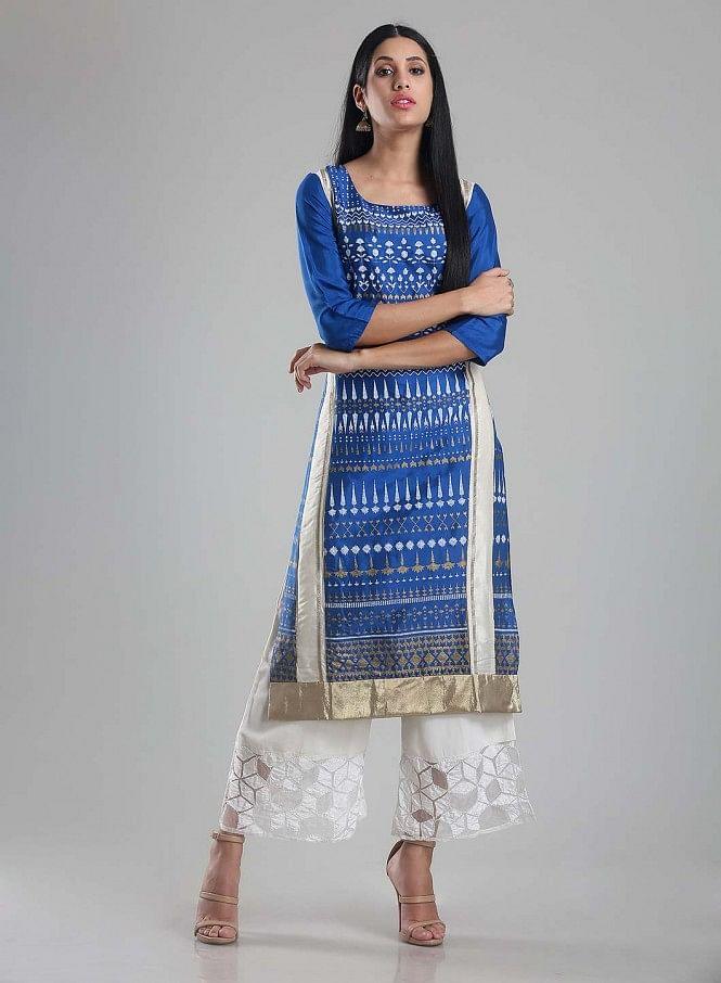 Blue Square Neck Printed kurta - wforwoman