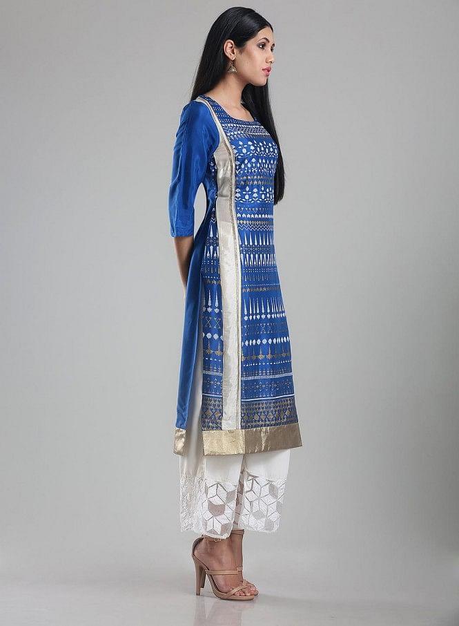 Blue Square Neck Printed kurta - wforwoman