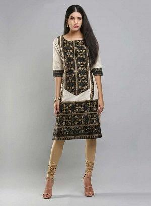 Off-White &amp; Black Colorblocked Printed kurta - wforwoman