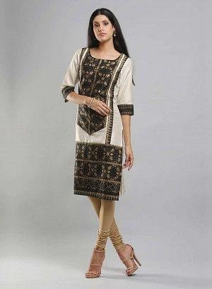 Off-White &amp; Black Colorblocked Printed kurta - wforwoman