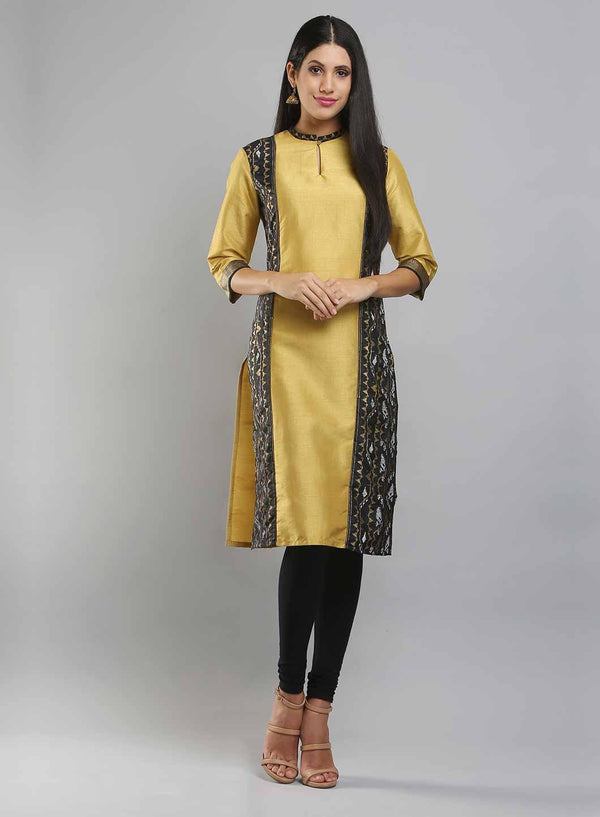 Yellow Mandarin Neck Printed kurta