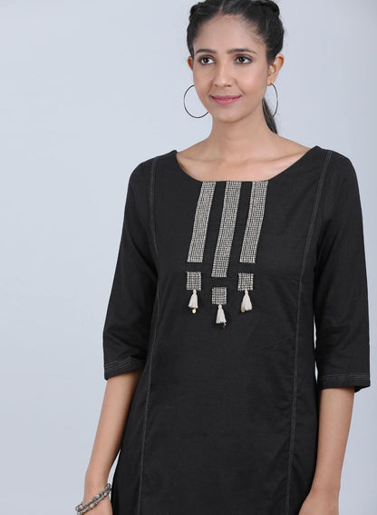 Black Round Neck Bhartiya Harit Khadi kurta - wforwoman