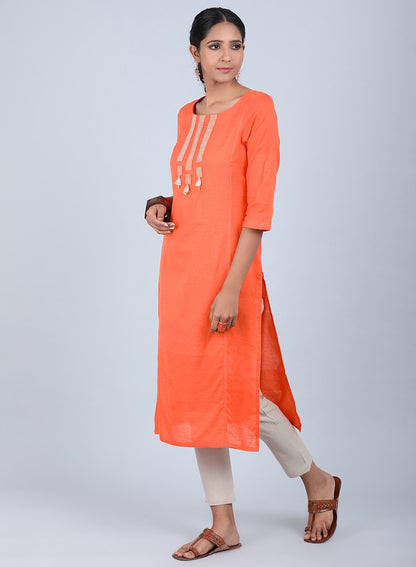 Orange Round Neck Bhartiya Harit Khadi kurta