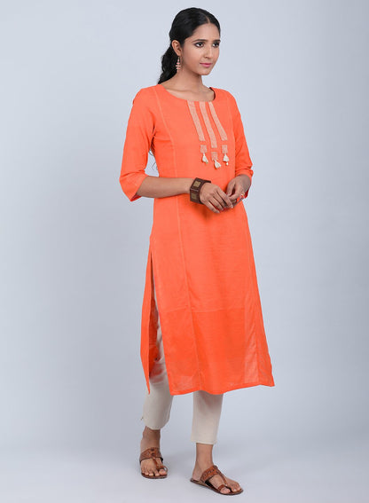 Orange Round Neck Bhartiya Harit Khadi kurta