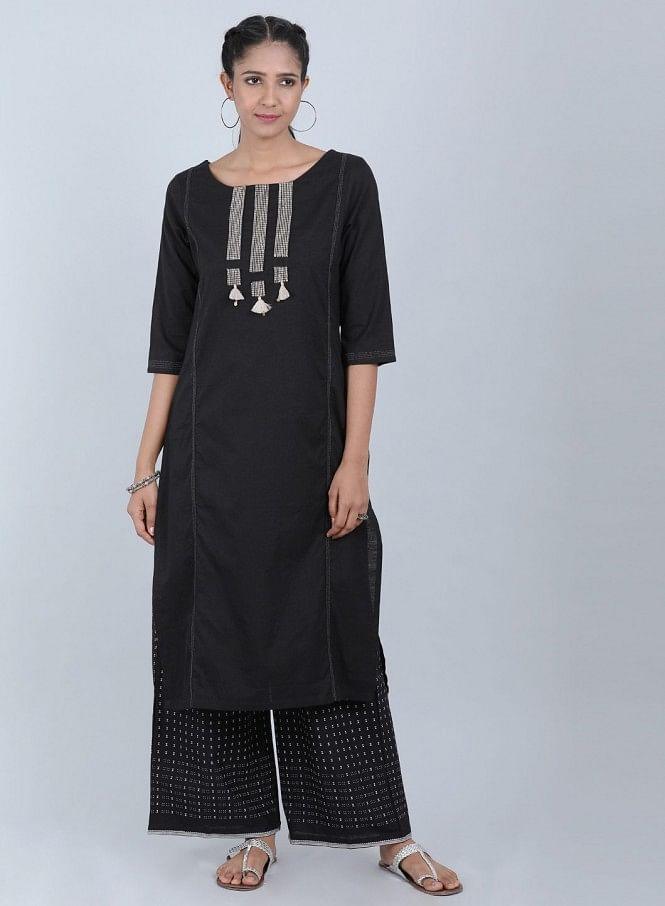 Black Round Neck Bhartiya Harit Khadi kurta - wforwoman