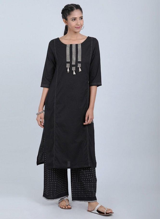 Black Round Neck Bhartiya Harit Khadi kurta - wforwoman