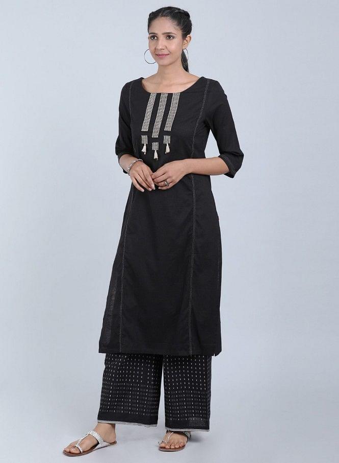 Black Round Neck Bhartiya Harit Khadi kurta - wforwoman