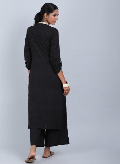 Black Mandarin Neck Bhartiya Harit Khadi kurta - wforwoman