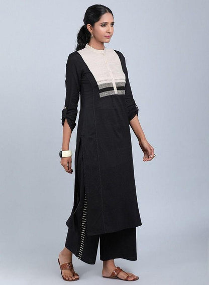 Black Mandarin Neck Bhartiya Harit Khadi kurta - wforwoman