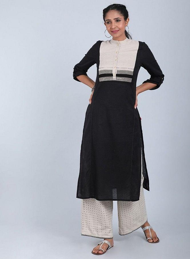 Black Mandarin Neck Bhartiya Harit Khadi kurta - wforwoman