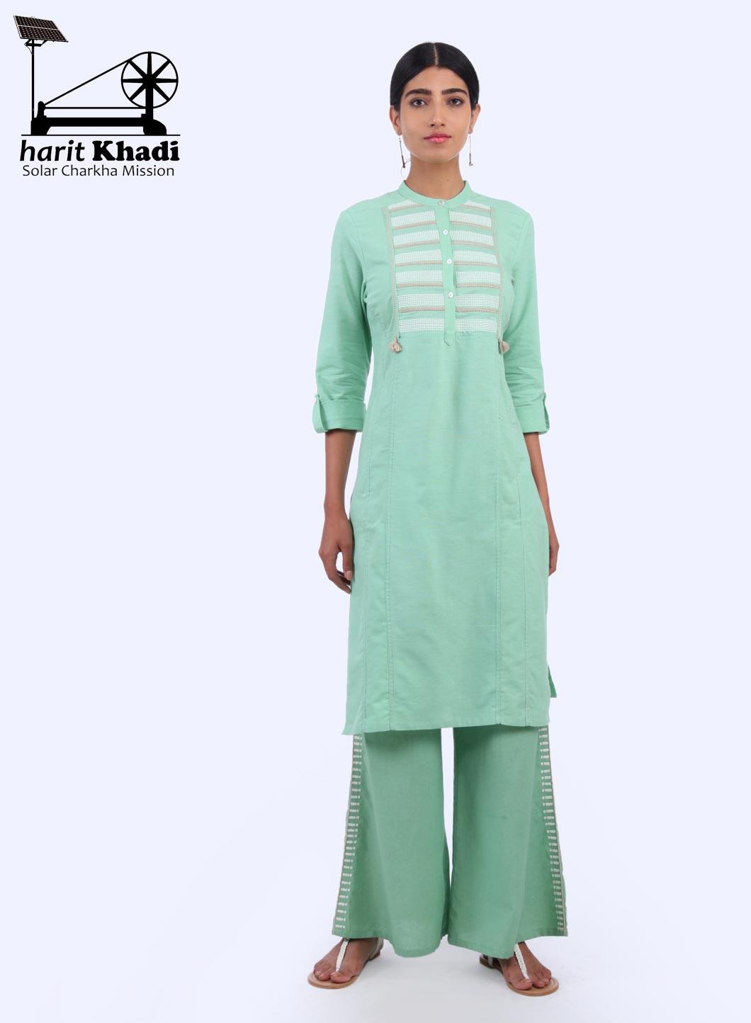 Green Mandarin Neck Bhartiya Harit Khadi kurta - wforwoman