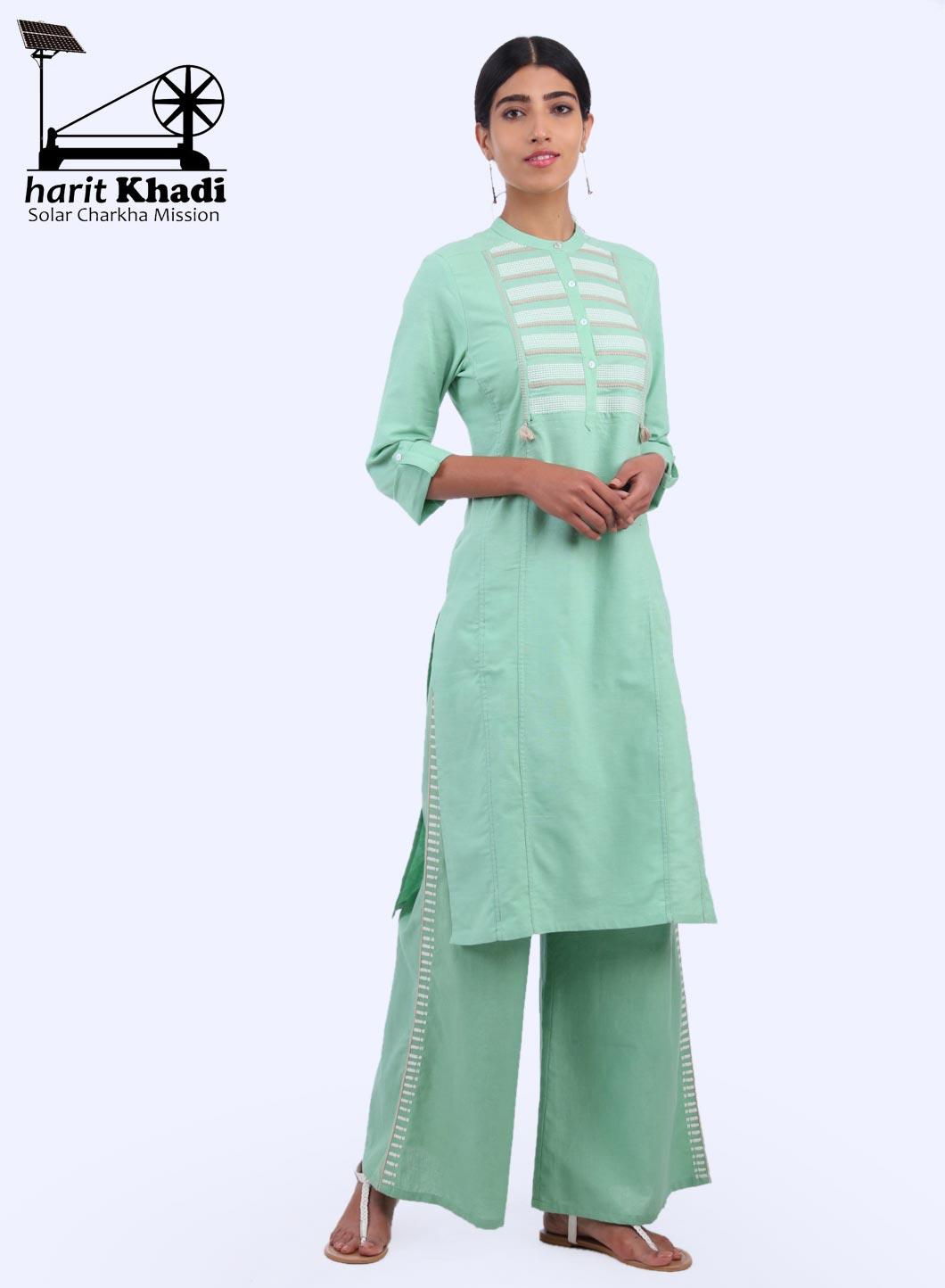 Green Mandarin Neck Bhartiya Harit Khadi kurta - wforwoman