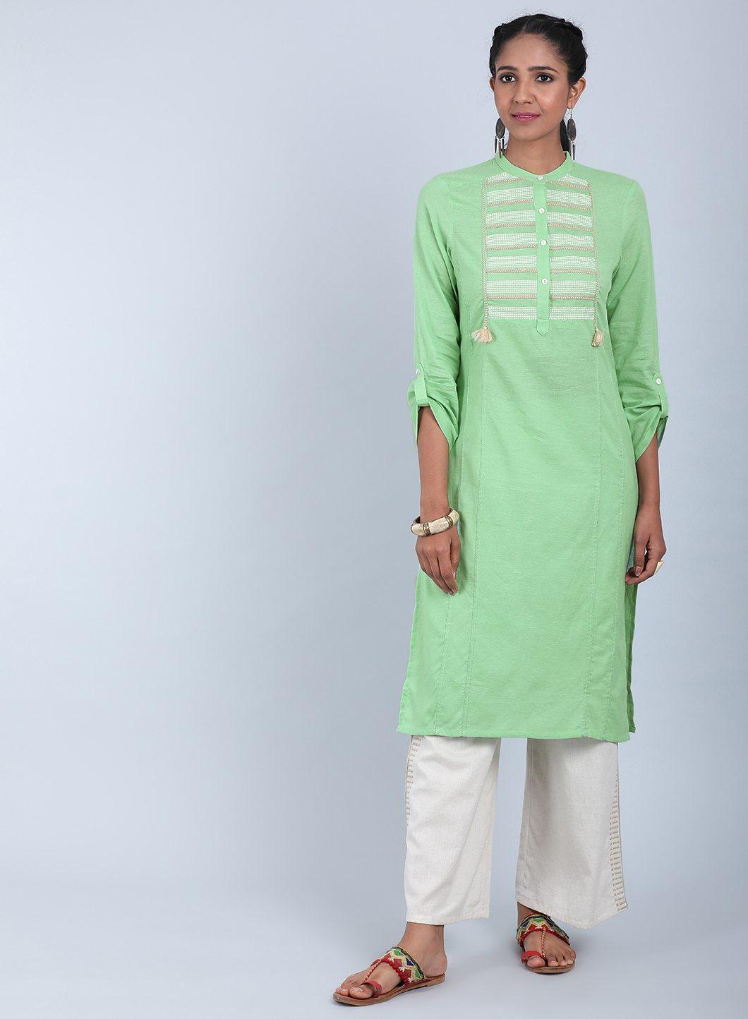 Green Mandarin Neck Bhartiya Harit Khadi kurta - wforwoman