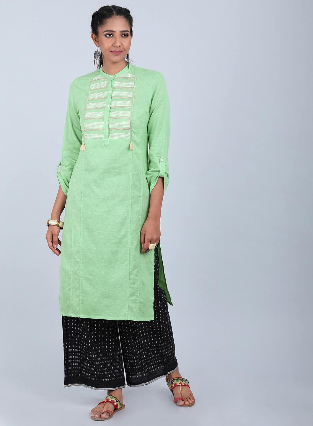 Green Mandarin Neck Bhartiya Harit Khadi kurta - wforwoman