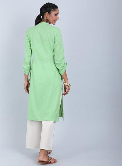 Green Mandarin Neck Bhartiya Harit Khadi kurta - wforwoman