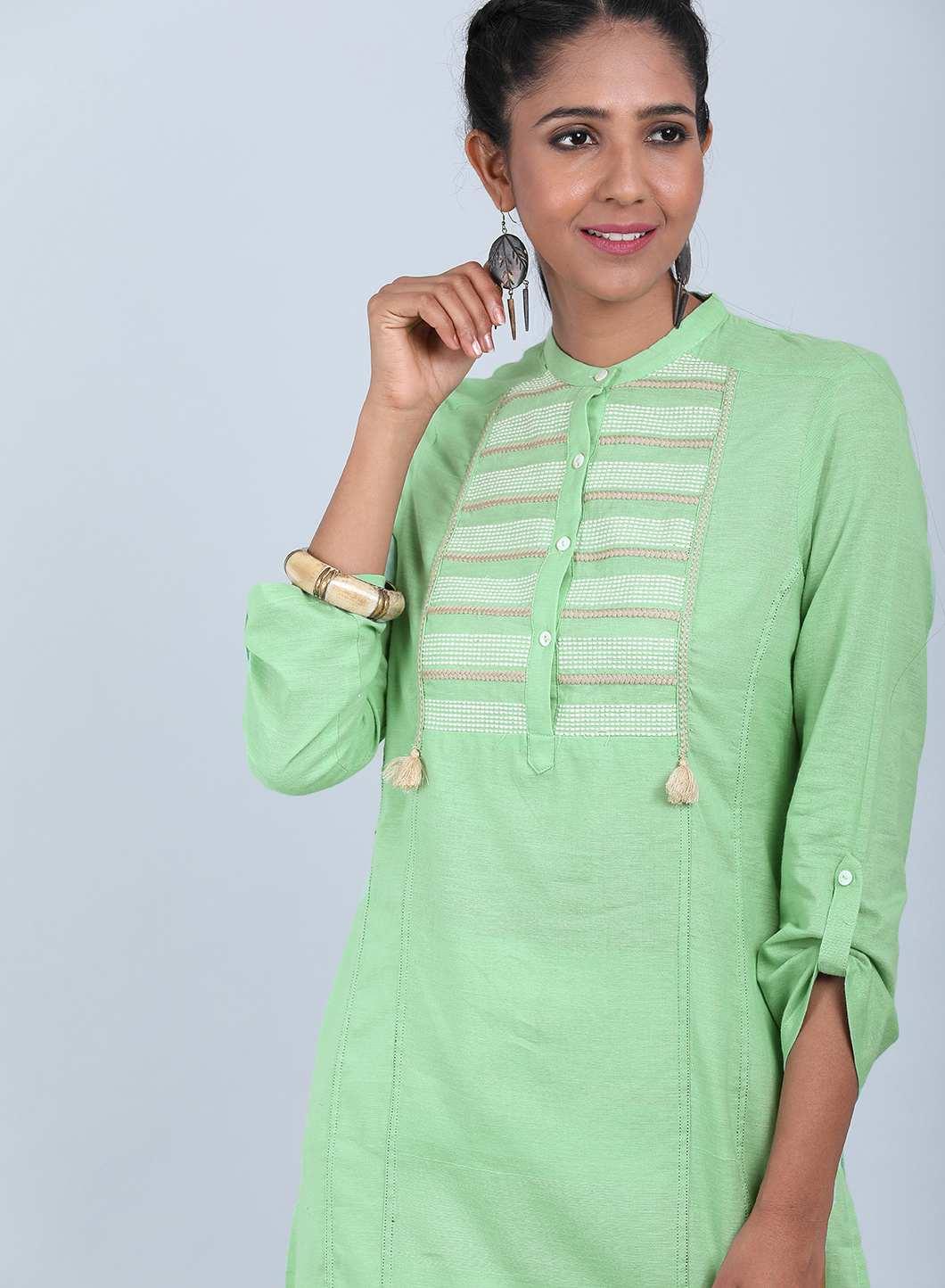 Green Mandarin Neck Bhartiya Harit Khadi kurta - wforwoman