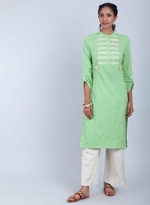 Green Mandarin Neck Bhartiya Harit Khadi kurta - wforwoman