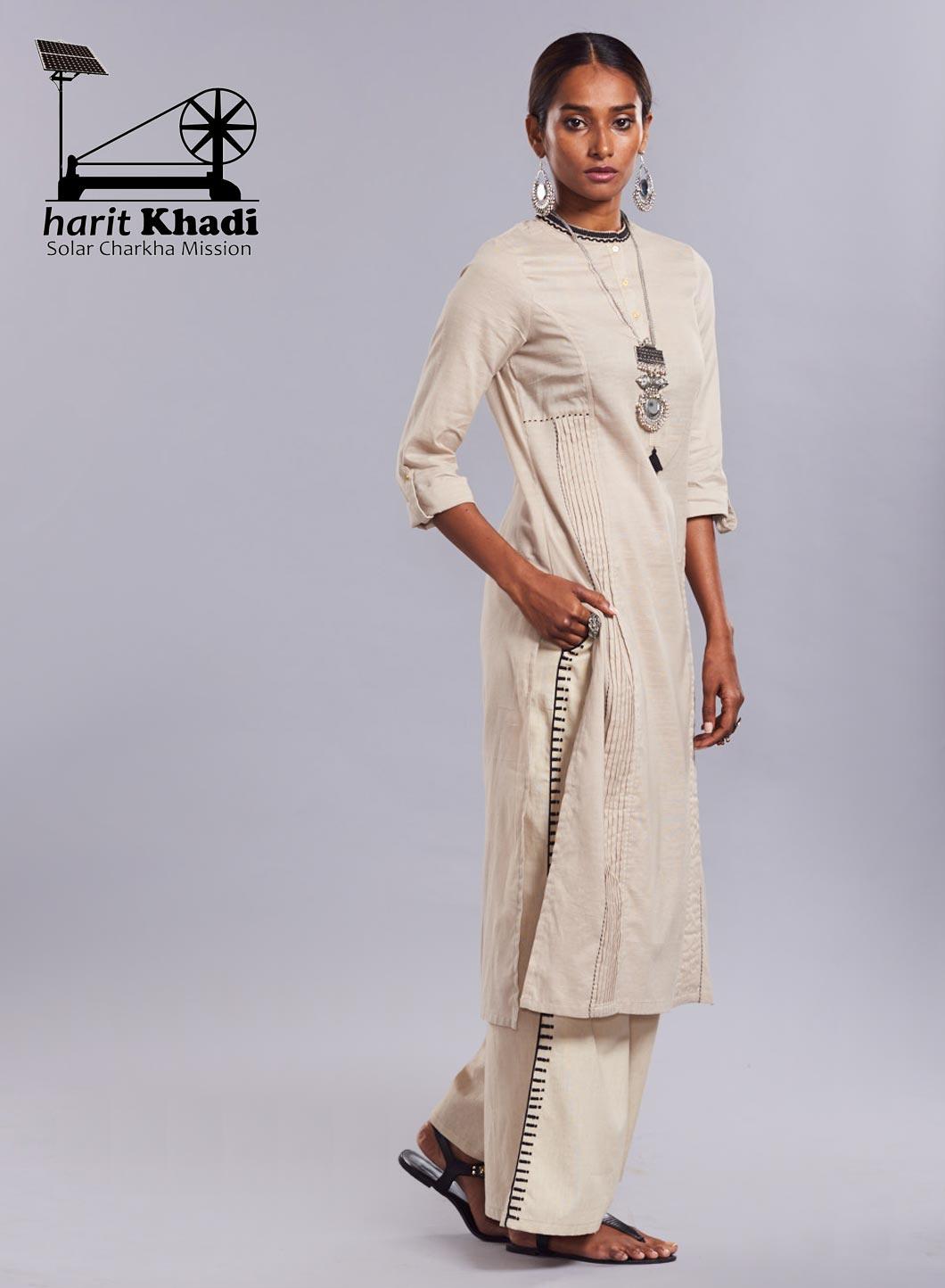 Beige Mandarin Neck Bhartiya Harit Khadi kurta - wforwoman