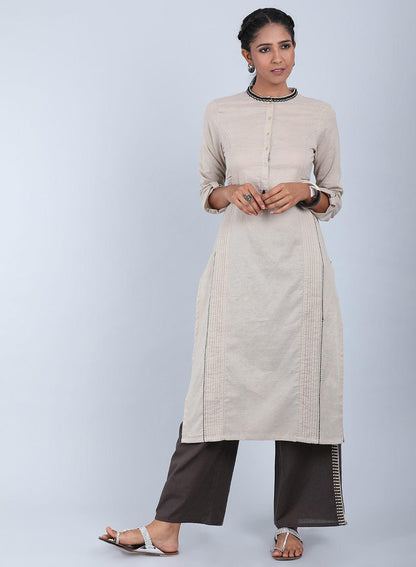 Beige Mandarin Neck Bhartiya Harit Khadi kurta - wforwoman