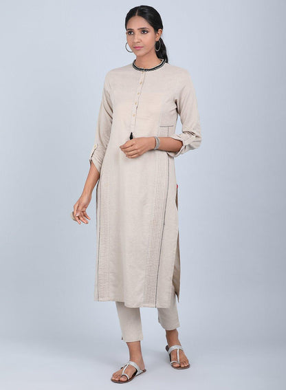 Beige Mandarin Neck Bhartiya Harit Khadi kurta - wforwoman